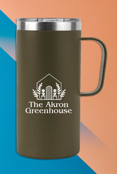 Custom imprinted Vacuum Insulated Travel Mug for Akron, OH with a local business logo